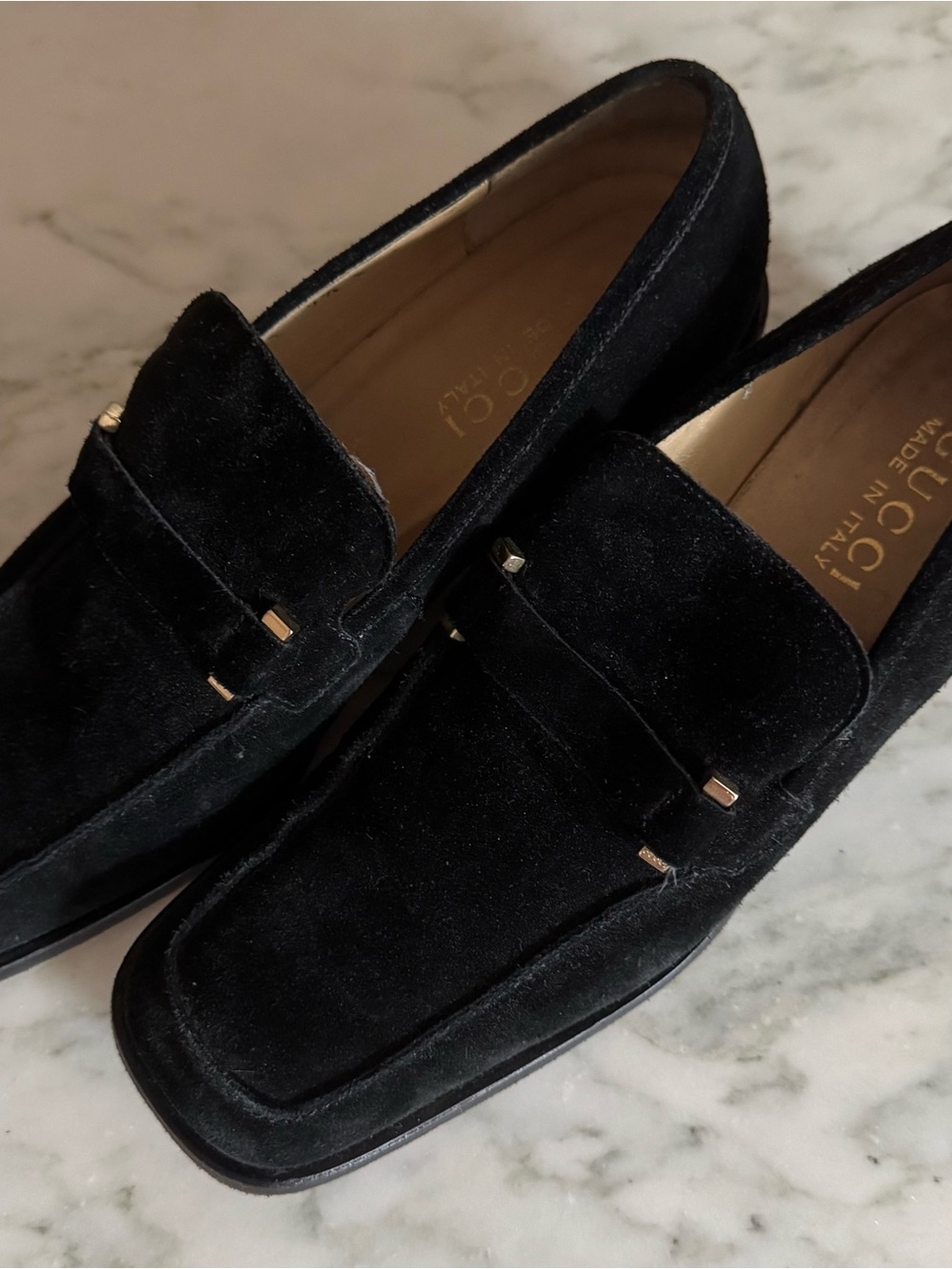 Gucci Black Suede Square Toe Women’s Slip-On Loafers with Gold Accents. Size 7.5